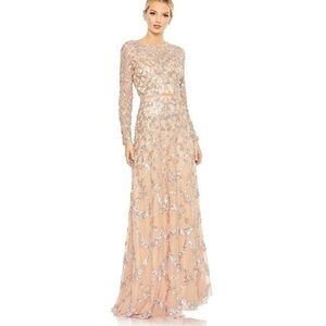MAC DUGGAL Blush Embellished Illusion High Neck Long Sleeve A-Line Gown